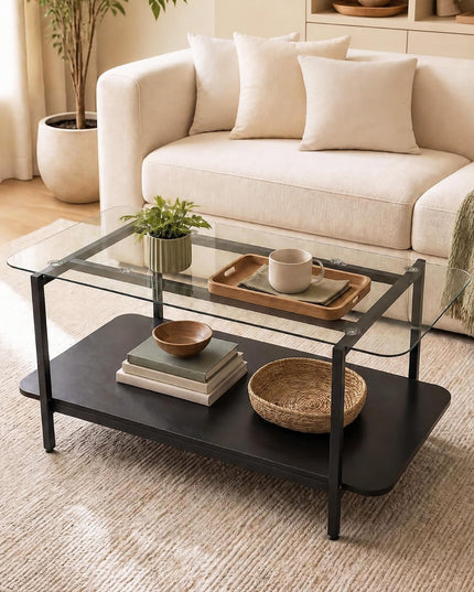 GIANTEX 37.5" Glass Coffee Table | 2-Tier Center Table with Storage