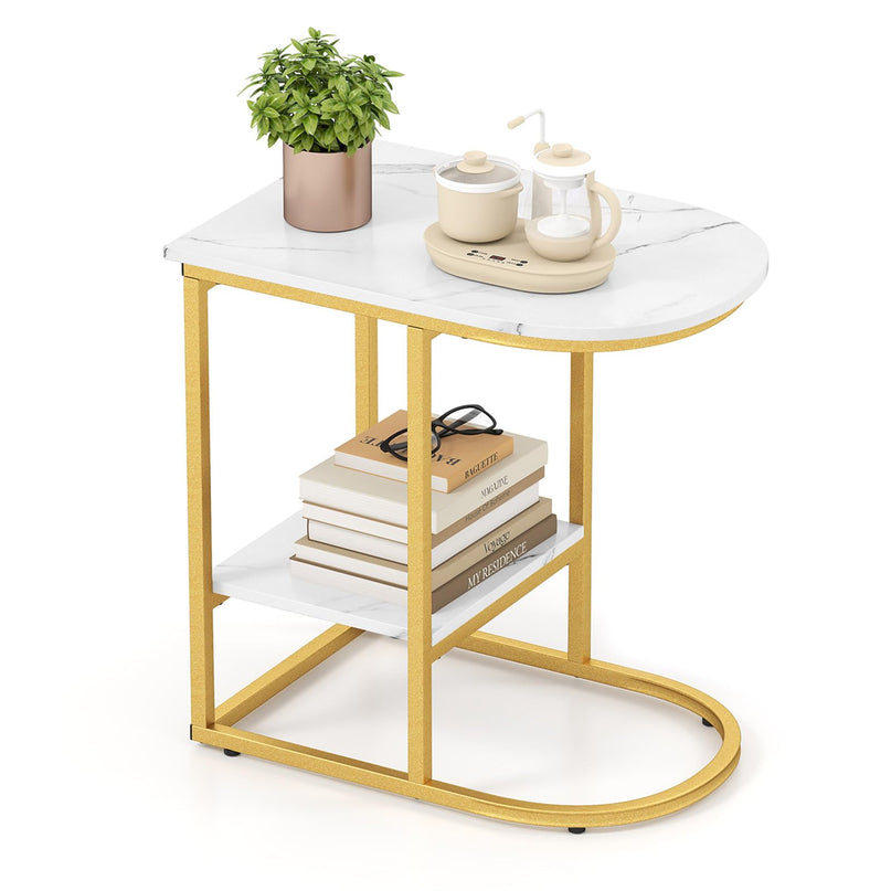 Giantex C Shaped End Table with Faux Marble Tabletop & Storage Shelf