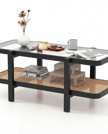 Table Basse en Rotin Giantex, Table à Thé Rectangulaire de 47,5" en Bois Massif avec Plateau en Verre Trempé