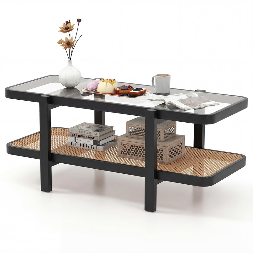 Giantex Rattan Coffee Table, 47.5" Rectangle Solid Wood Tea Table w/Tempered Glass Tabletop