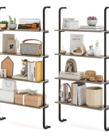 Giantex 4-Tier Industrial Bookshelf, Wall Mounted Pipe Shelving Unit, Floating Shelves with Metal Frame