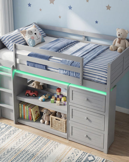Giantex Loft Bed Twin Size with LED Lights for Boys Girls