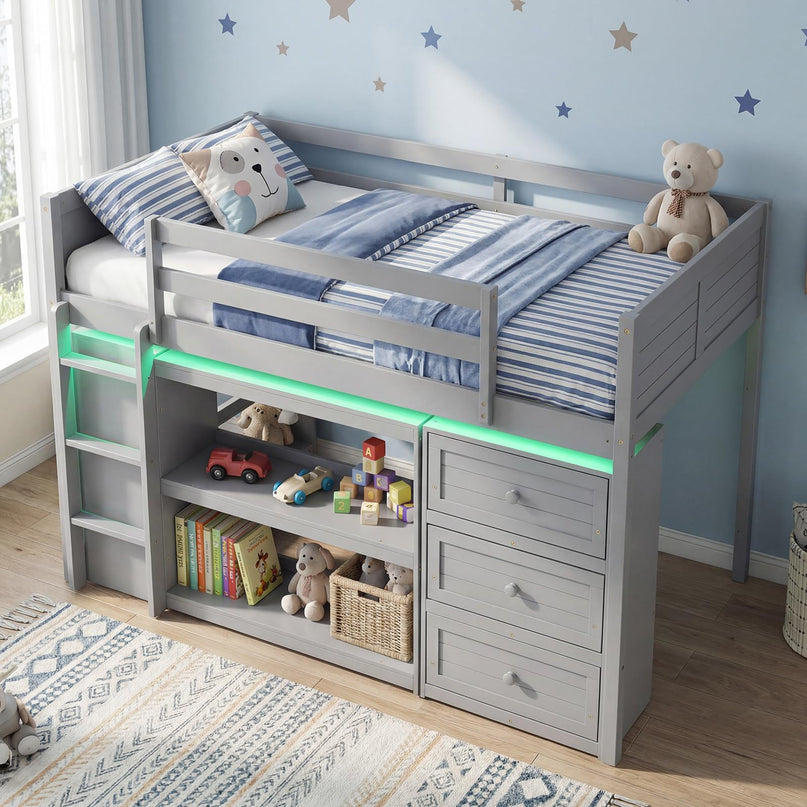 Giantex Loft Bed Twin Size with LED Lights for Boys Girls