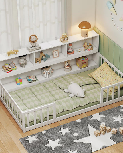Giantex Twin Floor Bed with Bookcase for Kids