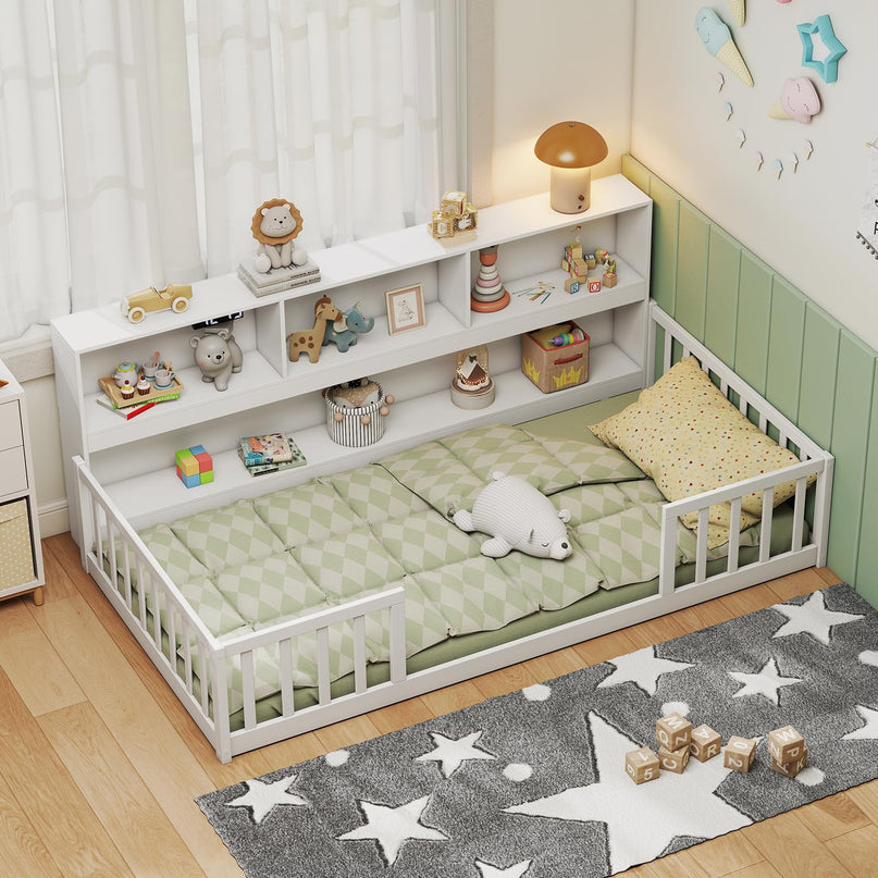 Giantex Twin Floor Bed with Bookcase for Kids