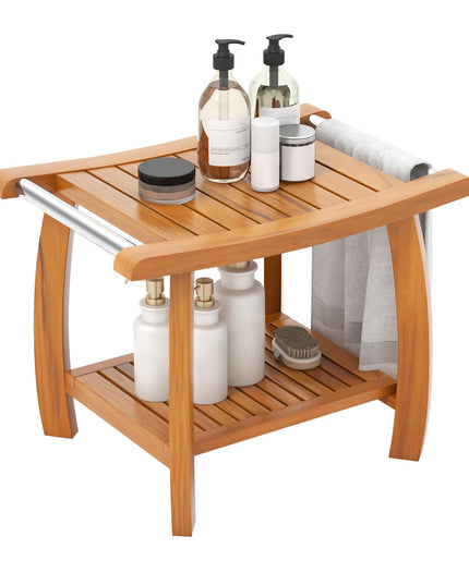 Gaintex Teak Shower Bench with Handles and Storage Shelf, Teak Shower Stool for Shaving Legs, Non-Slip Foot Pads