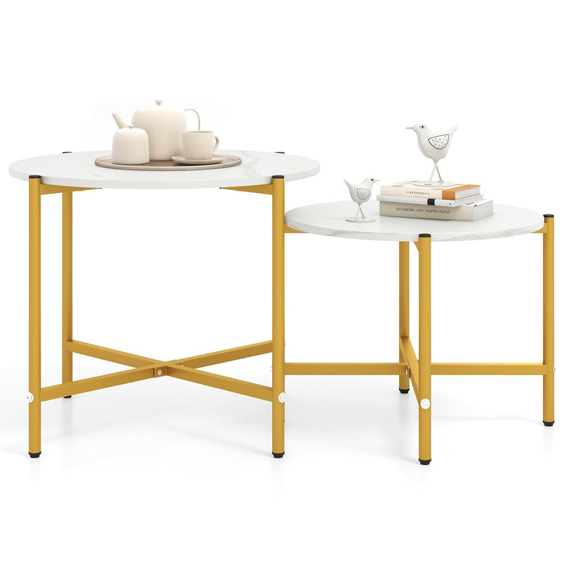 Giantex Round Coffee Table Set of 2, Nesting Tables with Metal Frame, Imitated Wood Grain Top