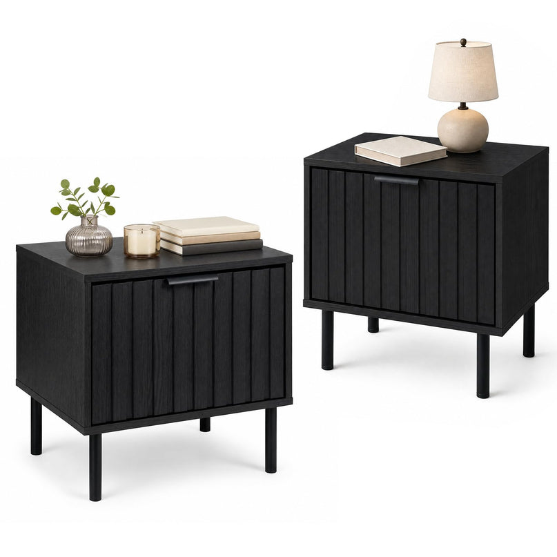 GIANTEX Black Modern Nightstand w/Vertical-Striped Storage Drawer