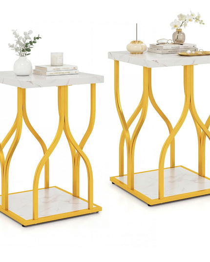 Giantex 2-Tier End Table with Storage Shelf & Gold Petal-Inspired Geometric Metal Frame