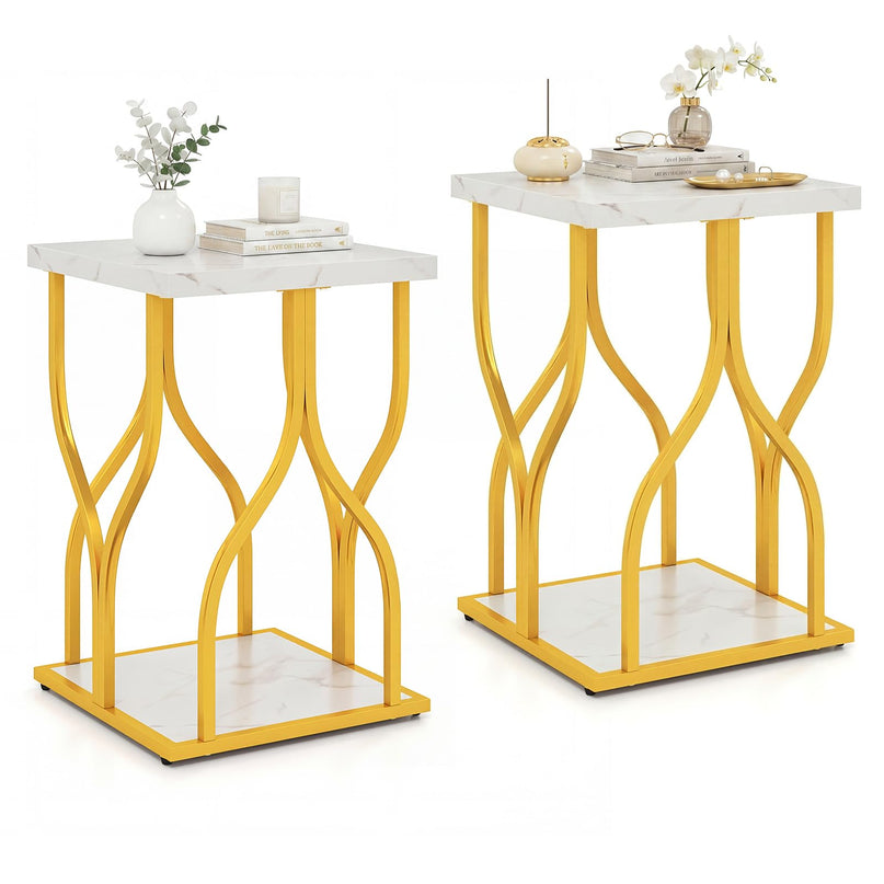 Giantex 2-Tier End Table with Storage Shelf & Gold Petal-Inspired Geometric Metal Frame