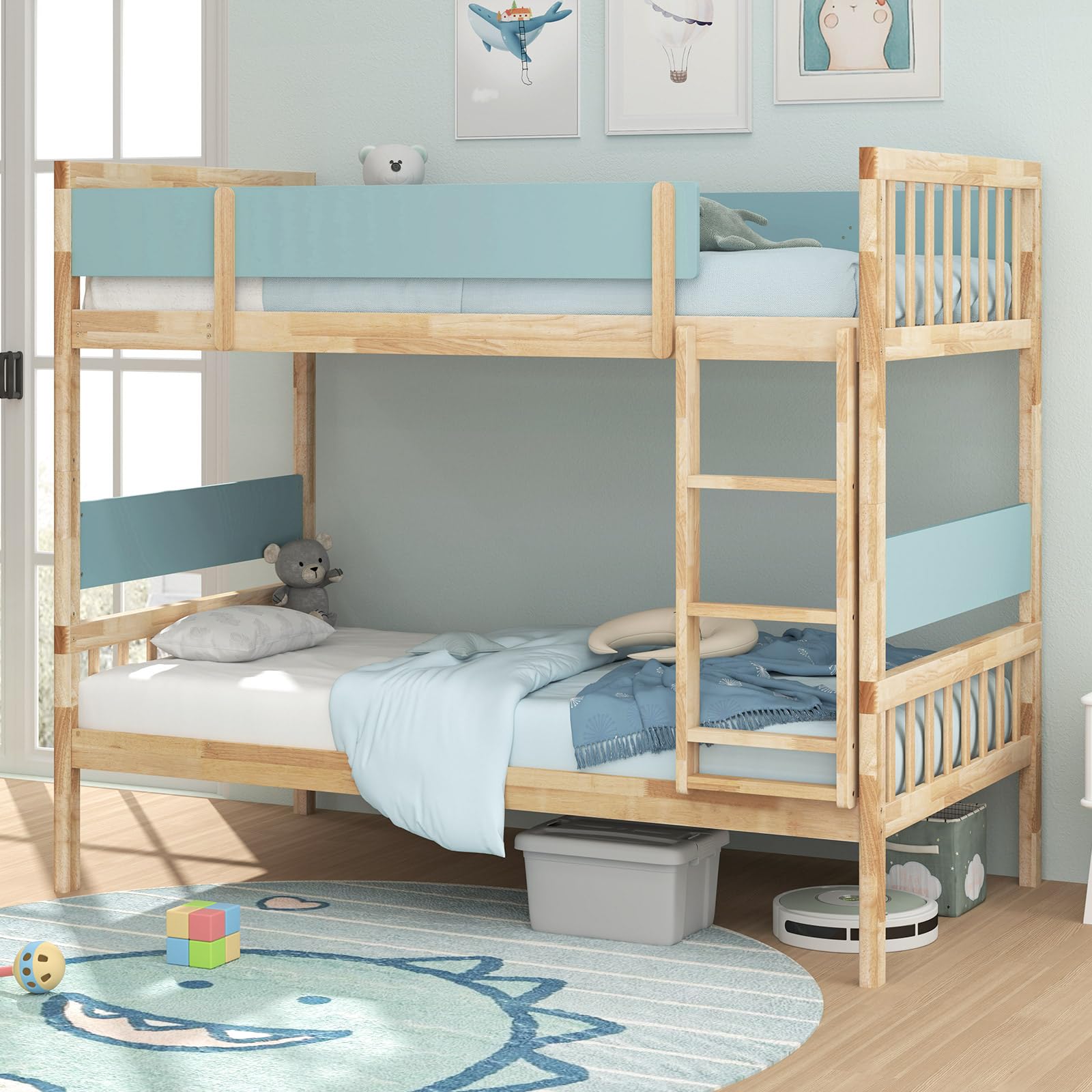 Giantex Wood Bunk Bed Twin Over Twin, Solid Wood Bunk Bed Frame with L ...