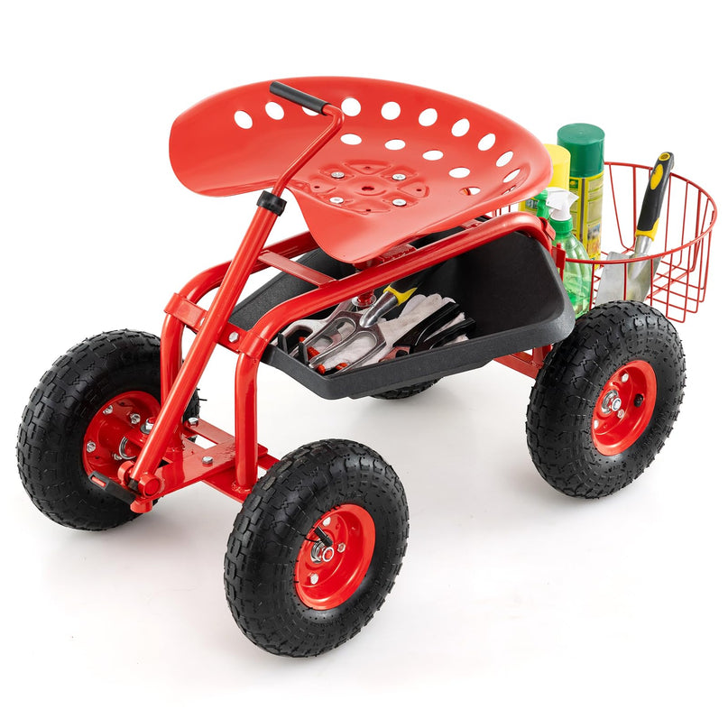 Giantex Garden Cart, 4-Wheel Gardening Workseat with Storage Basket
