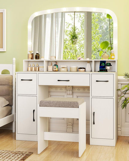 Large Vanity Desk with Arched Mirror and Lights for Bedroom