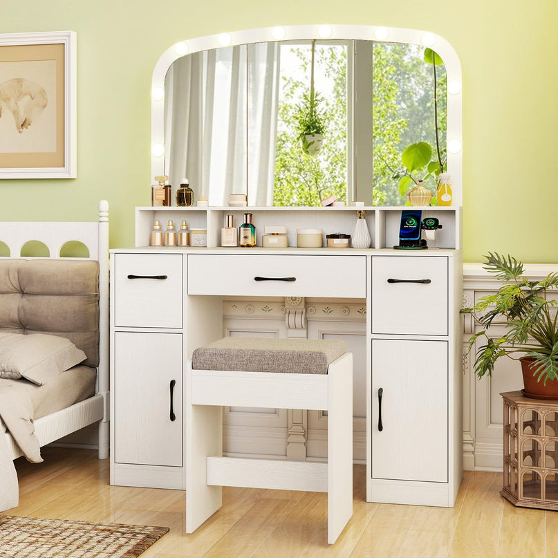 Large Vanity Desk with Arched Mirror and Lights for Bedroom