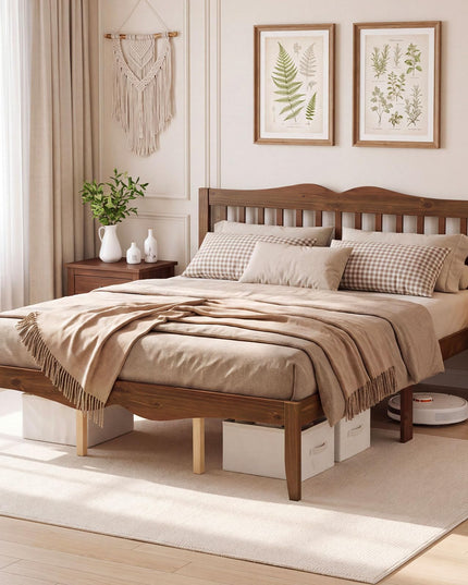 GIANTEX Full/Queen Size Wooden Bed Frame with Slatted Headboard