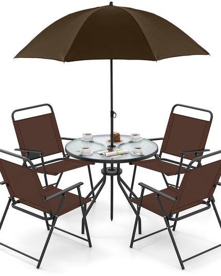 Giantex 6 Pieces Patio Dining Set, Folding Patio Chairs Set of 4, Tempered Glass Umbrella Table with Hole