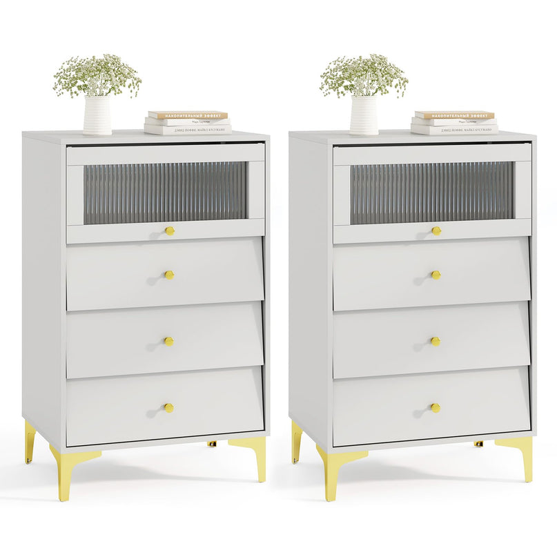 Giantex 3 Drawer Dresser, Modern Storage Cabinet w/Flip Up Fluted Glass Door & Pull-Out Drawers