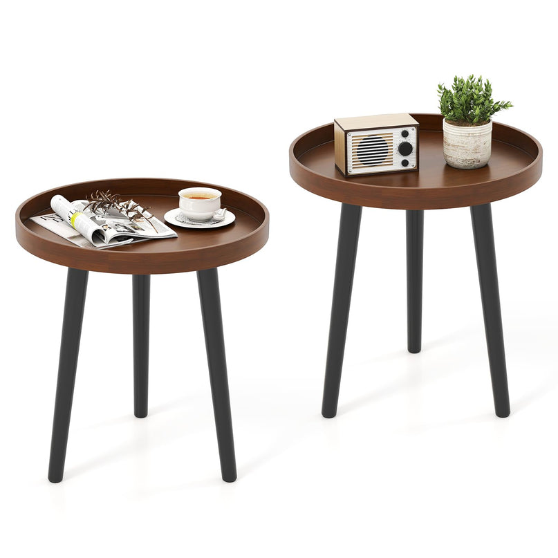 Giantex Round End Table with Wooden Tray & Bamboo Legs