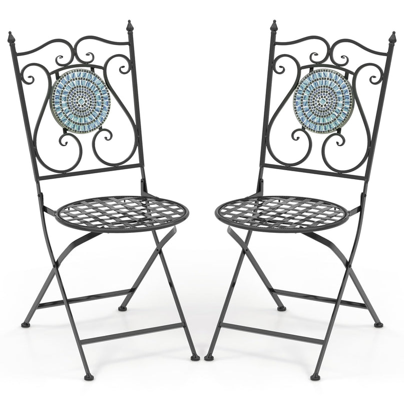 Giantex Patio Folding Chairs, Mosaic Bistro Chairs w/Backrest & Round Seat for Porch Balcony Lawn