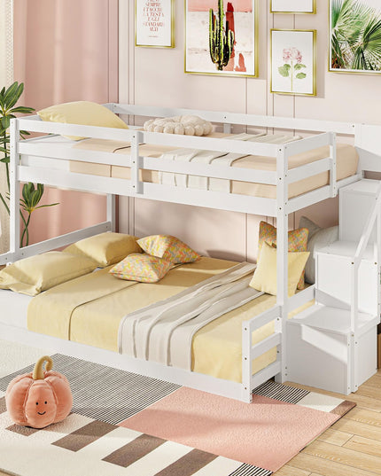 Giantex Bunk Bed with Stairs, Solid Wood Floor Bunk Bed with Storage Staircase & Full-Length Guardrails