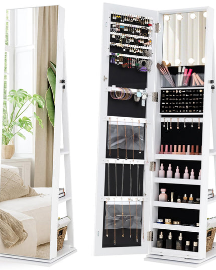 Swivel Jewelry Armoire with Full Length Mirror & Lighted Makeup Mirror