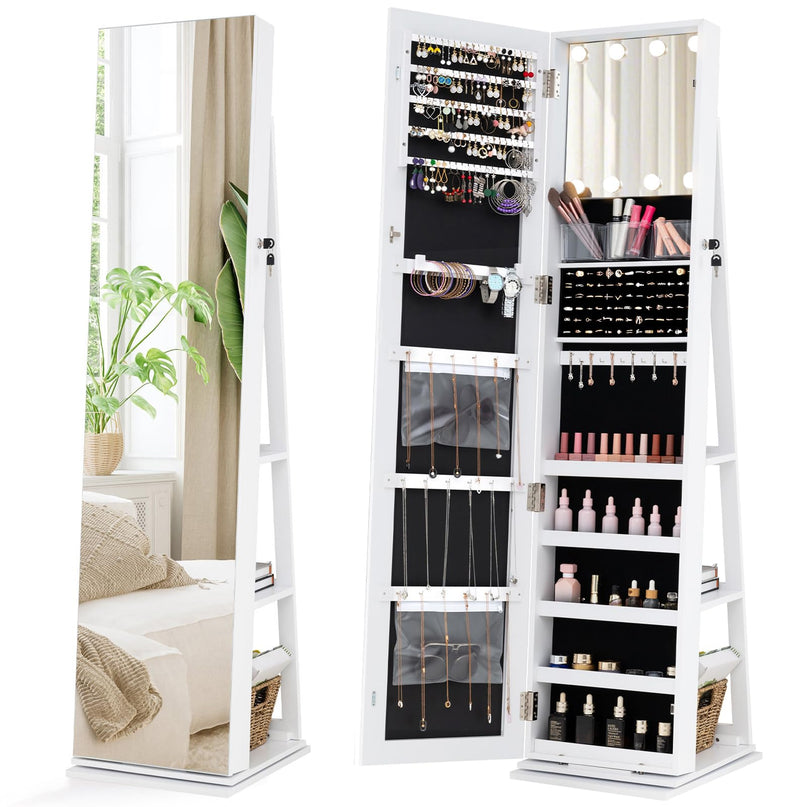 Swivel Jewelry Armoire with Full Length Mirror & Lighted Makeup Mirror