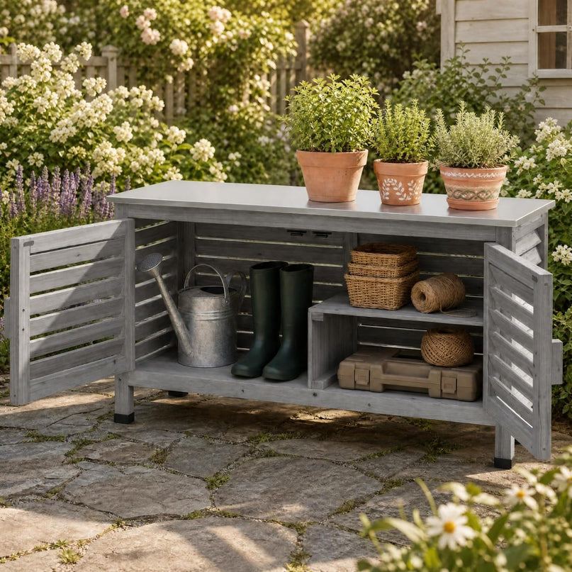 Giantex Fir Wood Outdoor Cabinet with Stainless Steel Countertop