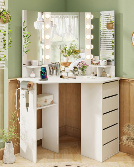 CHARMAID Corner Vanity Desk with Mirror and Lights