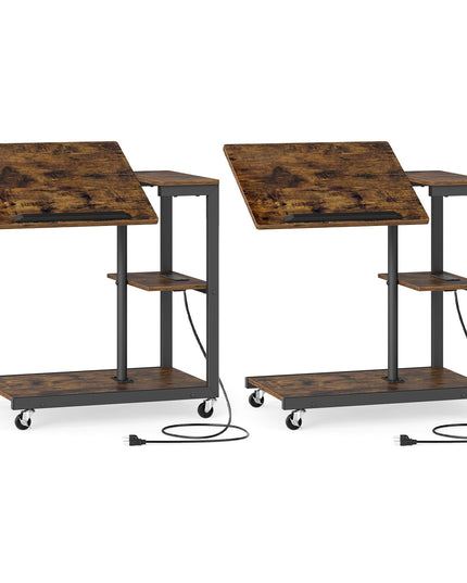 Giantex C Shaped End Table w/Charging Station & Tiltable Tabletop & Wheels