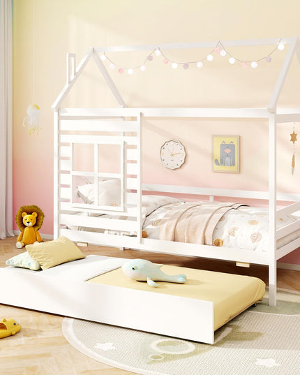 Giantex Twin House Bed with Trundle Bed Twin, Wooden Twin Bed Frames with Roof, Chimney & Window