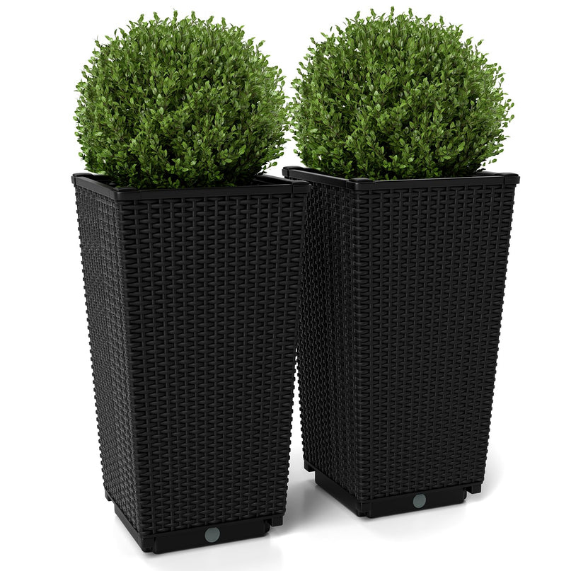 Giantex Set of 2 Outdoor Wicker Flower Pot, 23 Inch Tall Planters with Drainage Hole, Self-Watering Tray
