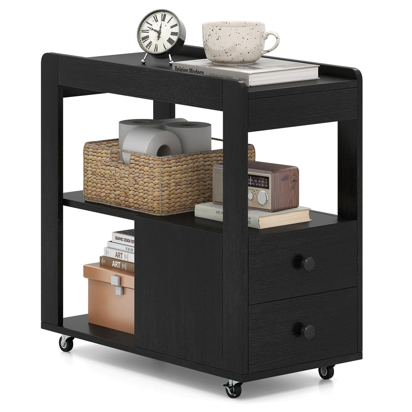 Giantex Rolling Side Table with Storage with Wheels & Open Shelves