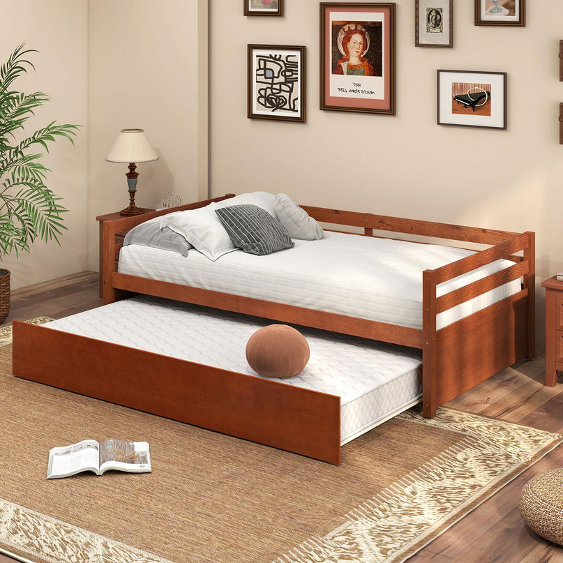 Giantex Wood Daybed with a Trundle, Twin Trundle Daybed with Durable Slat Support
