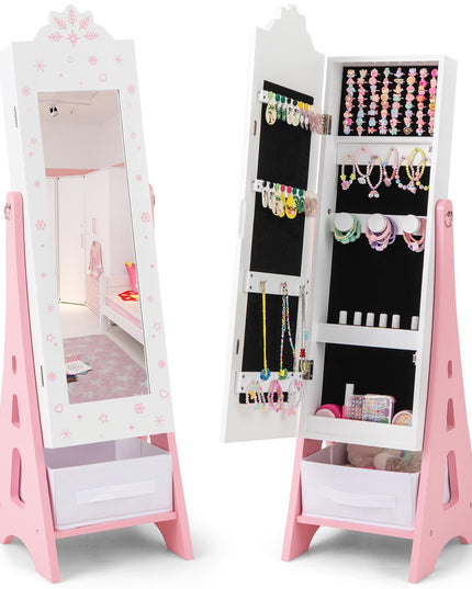 CHARMAID Kids Mirror Jewelry Cabinet - Standing Full Length Mirror with Jewelry Storage