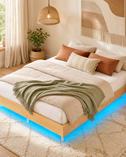 GIANTEX Wood Floating Bed Frame Twin/Full/Queen Size with Smart LED Light