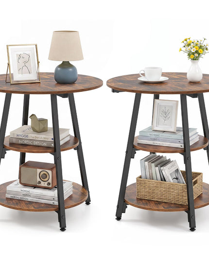 GIANTEX Round Industrial Side Table with Storage Shelves