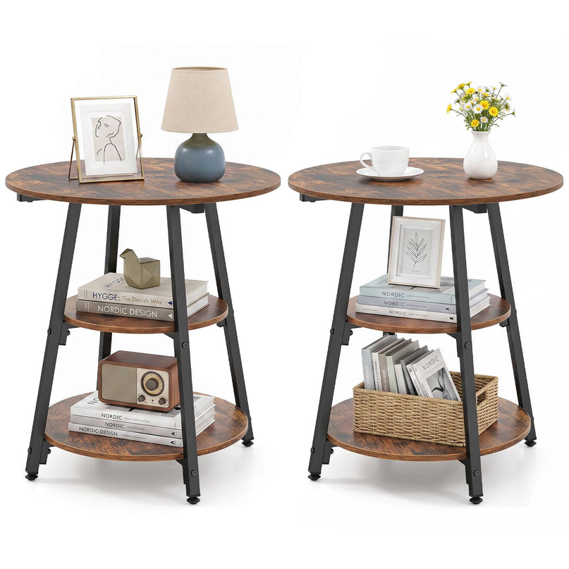 GIANTEX Round Industrial Side Table with Storage Shelves
