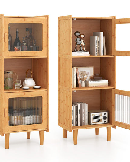 Giantex Bamboo Storage Cabinet, 3-Cube Bookcase, Freestanding Liquor Display Sideboard with 2 Single Doors