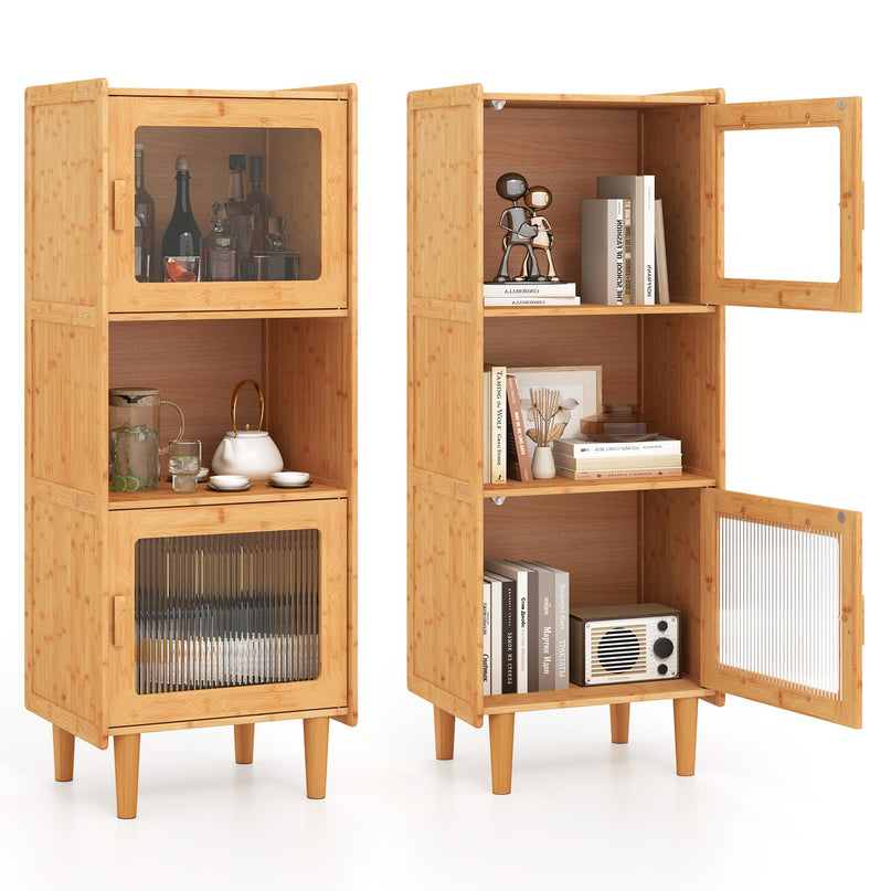 Giantex Bamboo Storage Cabinet, 3-Cube Bookcase, Freestanding Liquor Display Sideboard with 2 Single Doors