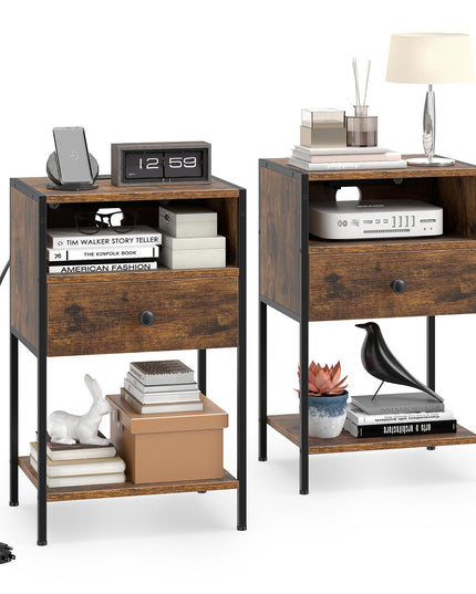 Giantex Night Stand with Charging Station for Bedroom Small Spaces