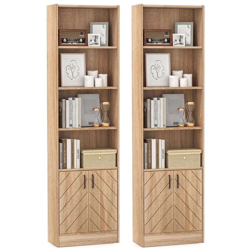 Giantex 6-Tier Bookshelf with Double Doors, 71" Tall Bookcase w/ 4 Open Cubes & 3 Adjustable Shelves