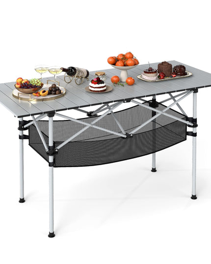 Giantex Folding Camping Table w/Aluminum Roll-up Tabletop & Mesh Basket