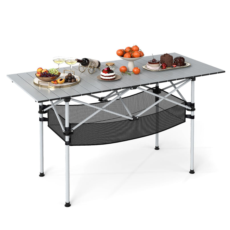 Giantex Folding Camping Table w/Aluminum Roll-up Tabletop & Mesh Basket