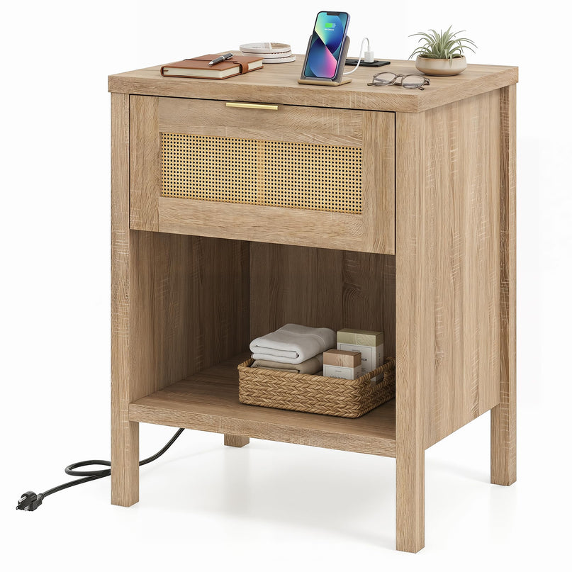 Giantex Rattan Night Stand with Charging Station