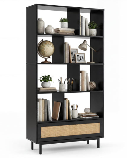 GIANTEX 64" Tall Bookshelf with Rattan Drawer