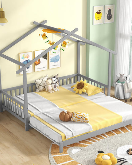 Giantex Extendable House Bed for Kids, Twin to King Daybed with Roof & Fence Rails, Wood Kids Bed Frame for Teens