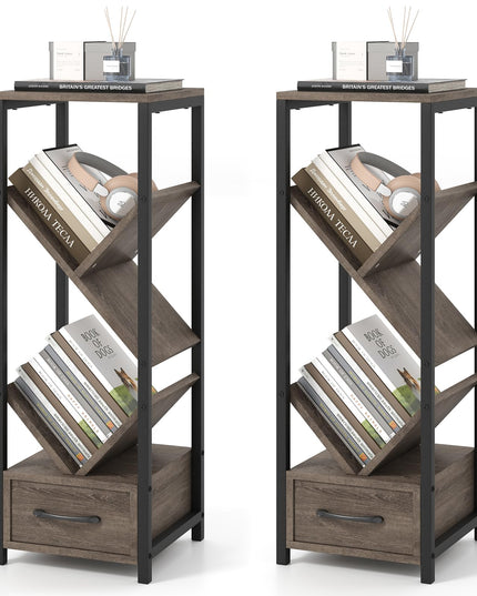 Giantex Tree Bookshelf with Drawer, 4-Tier Narrow Bookcase with Metal Frame, Tall Floor Standing Storage Organizer for Small Space