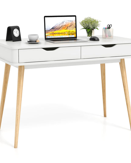 Giantex Mid-Century Desk with 2 Drawers, 43.5" Writing Study Desk with Solid Rubber Wood Legs