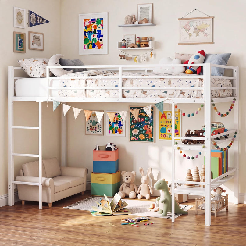 Giantex Heavy Duty Metal Frame Low Loft Bed Twin Size w/Ladder & Full-Length Guardrails