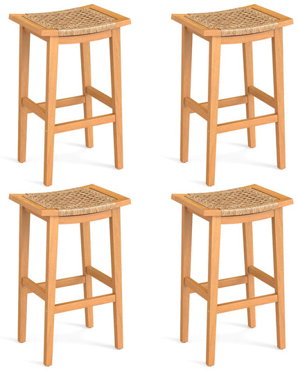 Giantex Outdoor Wooden Bar Stools Set of 2/4 with PE Rattan Saddle Seat & Footrest